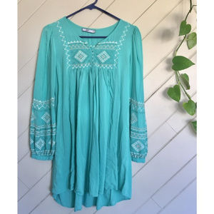 Fevrie TEAL Boho Tunic Top Dress Small Embroidered